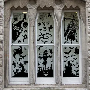 Set of 9 Static Cling Haunted Ghost Skull Bat Halloween Silhouette Window Stickers, 20x30cm Decorative Wall Art for Living Room & Bedroom