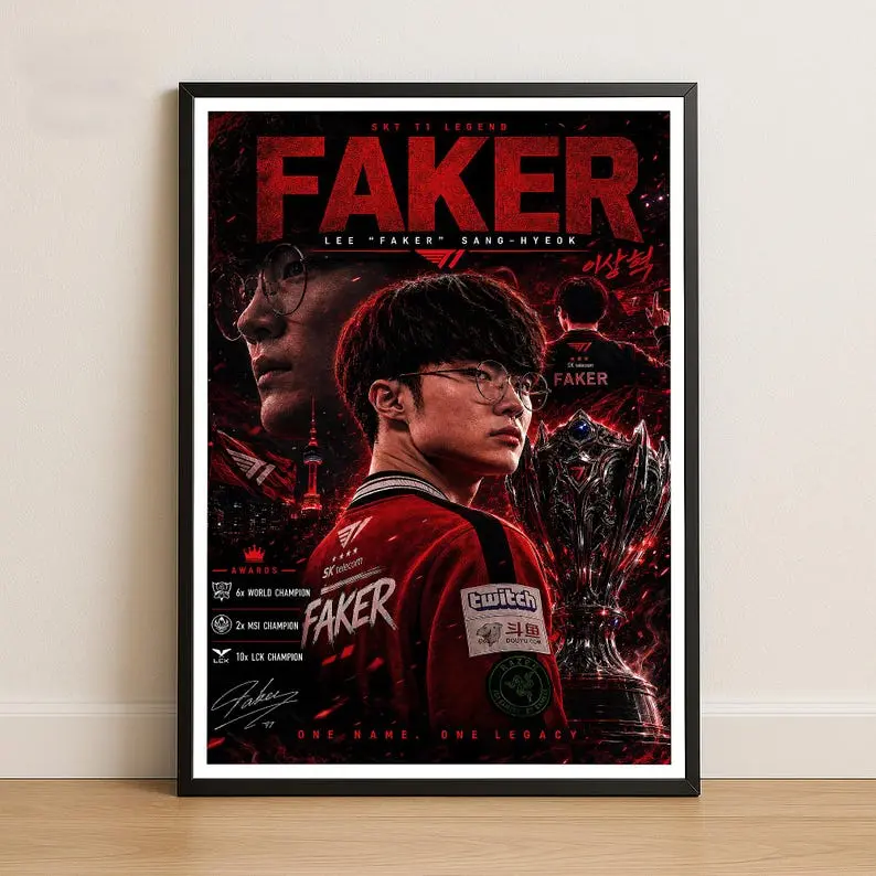 Faker Gaming Poster, Esports Legend Wall Art Print, Red Gamer Room Decor, Fan Gift for Gaming Setup [UNFRAMED]