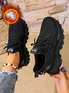 High-Quality Women's Breathable Knit Fleece Lined Sneakers, Winter Fashion Casual Lightweight Soft Sole Walking Shoes, Outdoor Comfort Low Top Running Shoes, Knitted Running Shoes