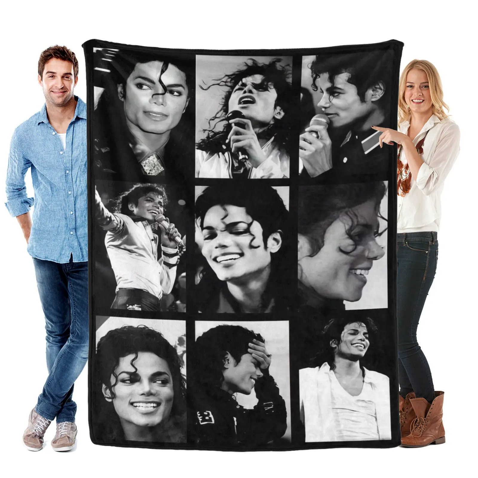 Michael Jackson Art Graphic Face Print Flannel Throw Blanket - Black Backdrop with Iconic B&W Photos, Soft and Cozy Bedroom Linen, Nap-Ready Cozy Cover, Christmas Thoughtful Present for MJ Fans, Bedroom Inspo, Fan Gift Ready