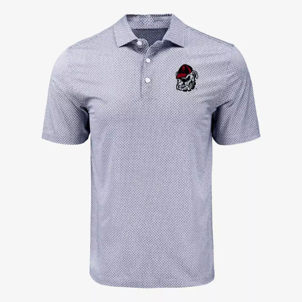 Men's Grey Printed Performance Polo Shirt - Short Sleeve Athletic Golf Top with Bulldog Mascot Logo Graphic
