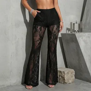Soft Elastic Lace Flare Leggings for Women See Through Mesh Bottom High Waist Pant for Mother's Day and Casual Summer Outfit