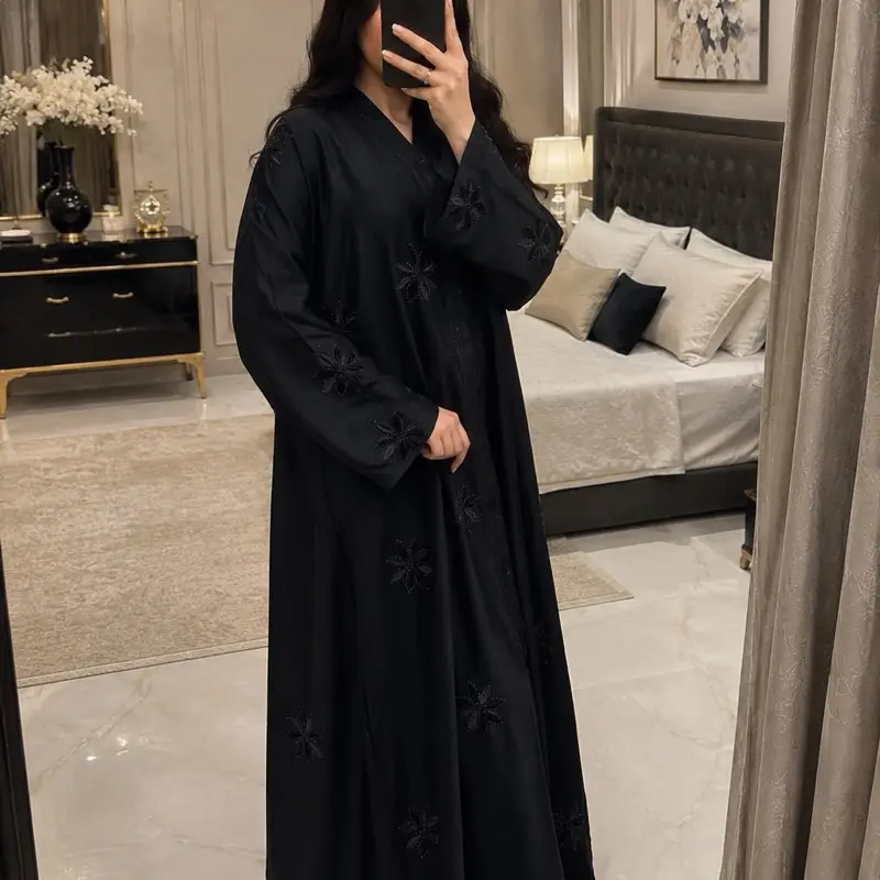 Premium Black Stone Work Modest Abaya | Elegant Open Front Maxi | Libaaya Wear
