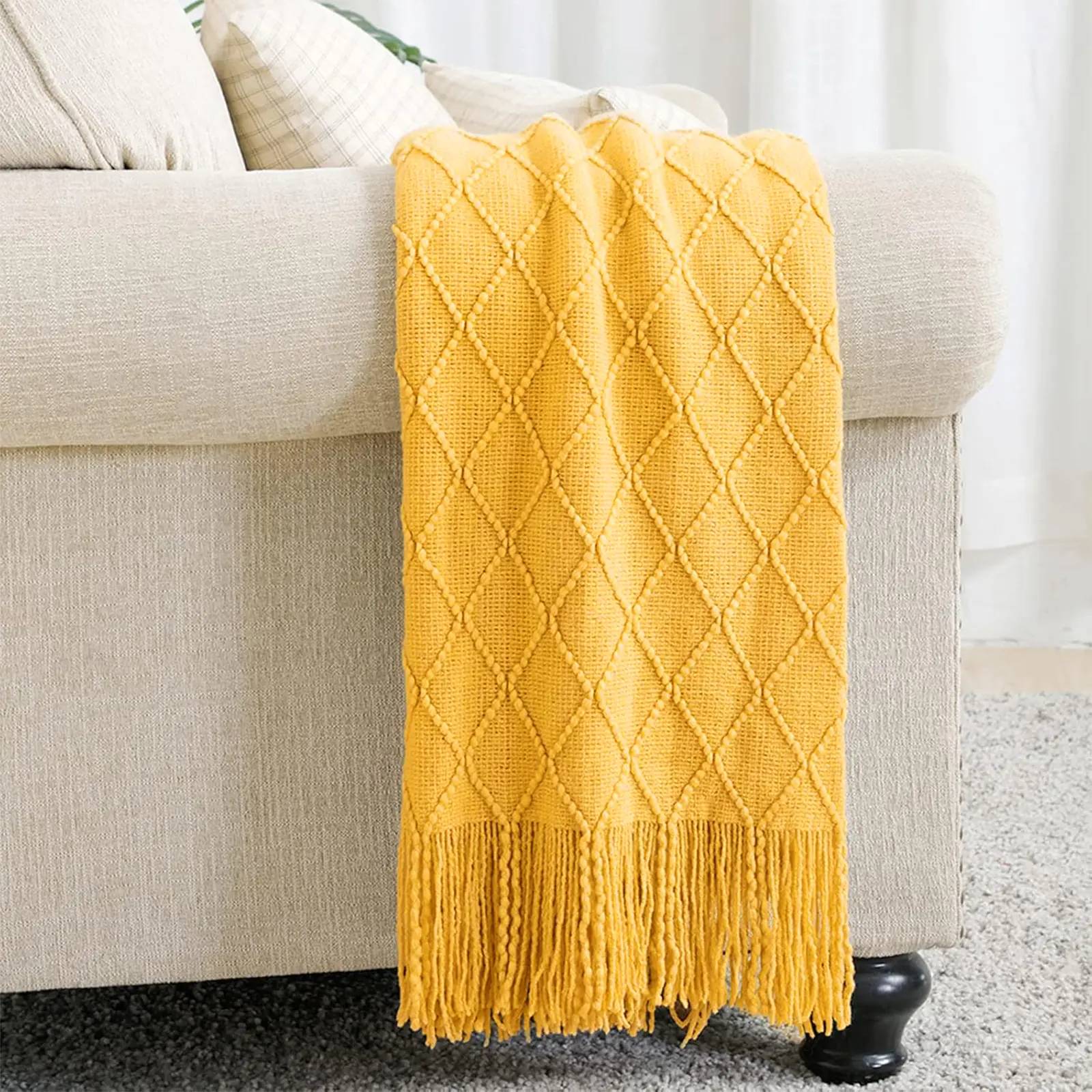 【backtoschool】ROSEKIND Lightweight Cozy Tassel Throw Blanket - Soft Lattice Decorative Piece for Living Room & Aesthetic Home Decor,Quilted Colorful Accent, Decorative Fall Throw Blanket, Decorative Blanket, Lightweight Cozy Blanket