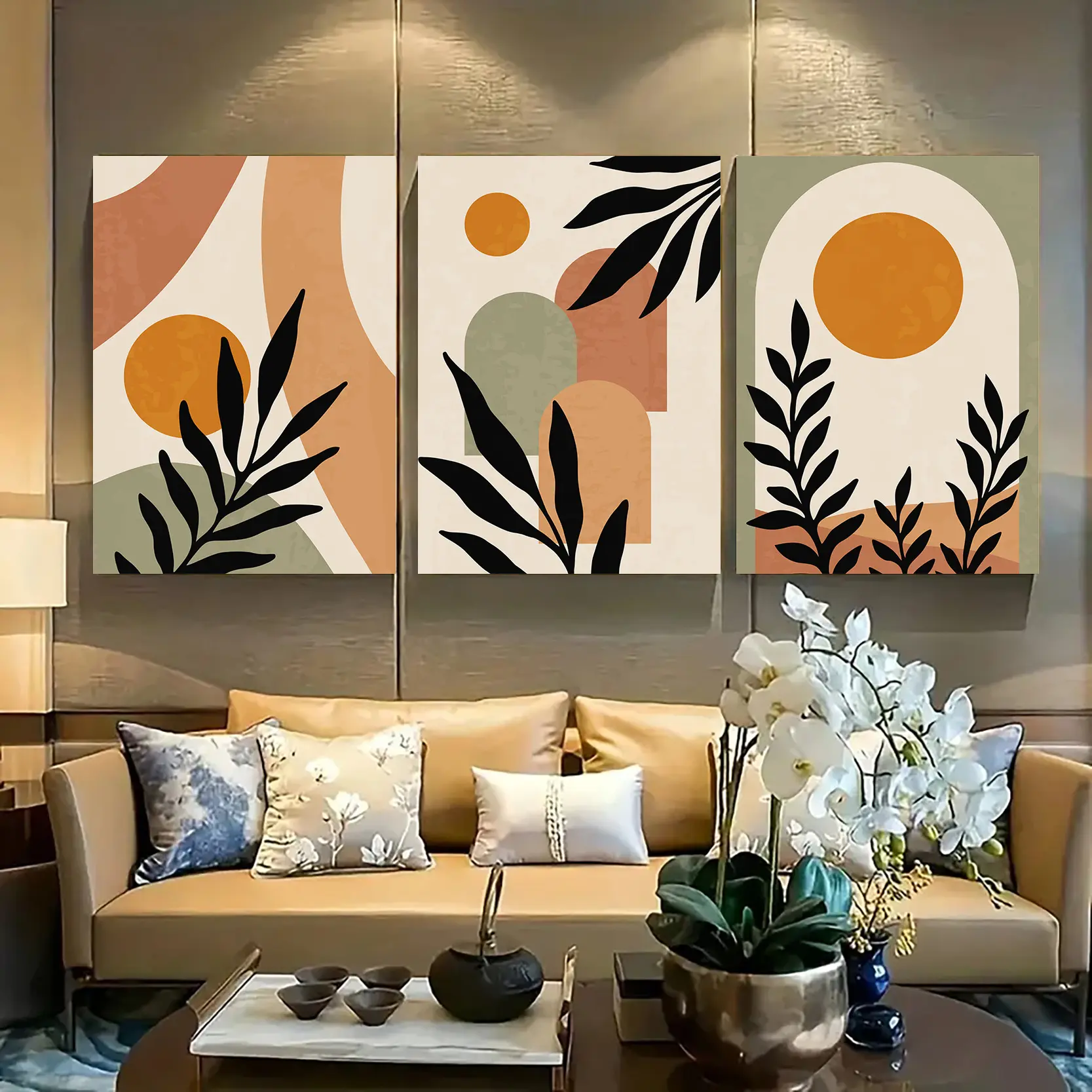 3-Piece Eco-Friendly Artistic Bohemian Abstract Line Geometric Green Leaf Canvas Wall Art Set - Wrapped Hanging Print, 8"x12", 12"x16", 16"x24", for Living Room, Home Decoration, Office Gifts