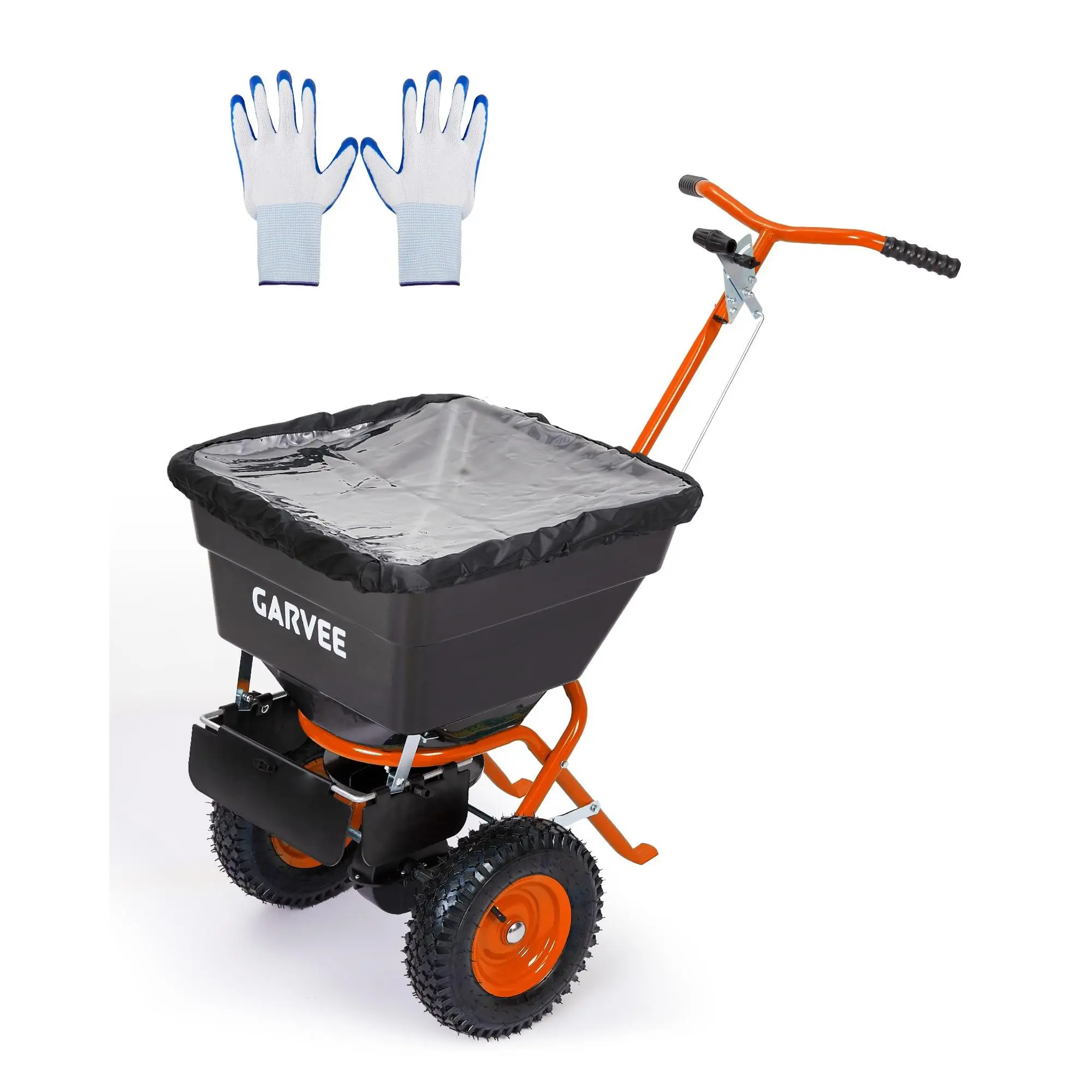 100lb Push Broadcast Spreader for Lawn & Garden - 12ft Coverage, Adjustable Drop Rate, 10" All-Terrain Pneumatic Tires, Rain Cover, Gloves, Durable Steel Frame, Orange-Red, Adjust Drop Rate