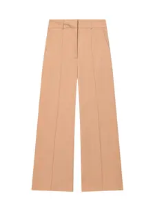 Women's Simple Mid-Waist Side Pocket Loose Leg Pants, Front Zipper Button and Metal Hook Closure, Pure Color Pleated Long Pants