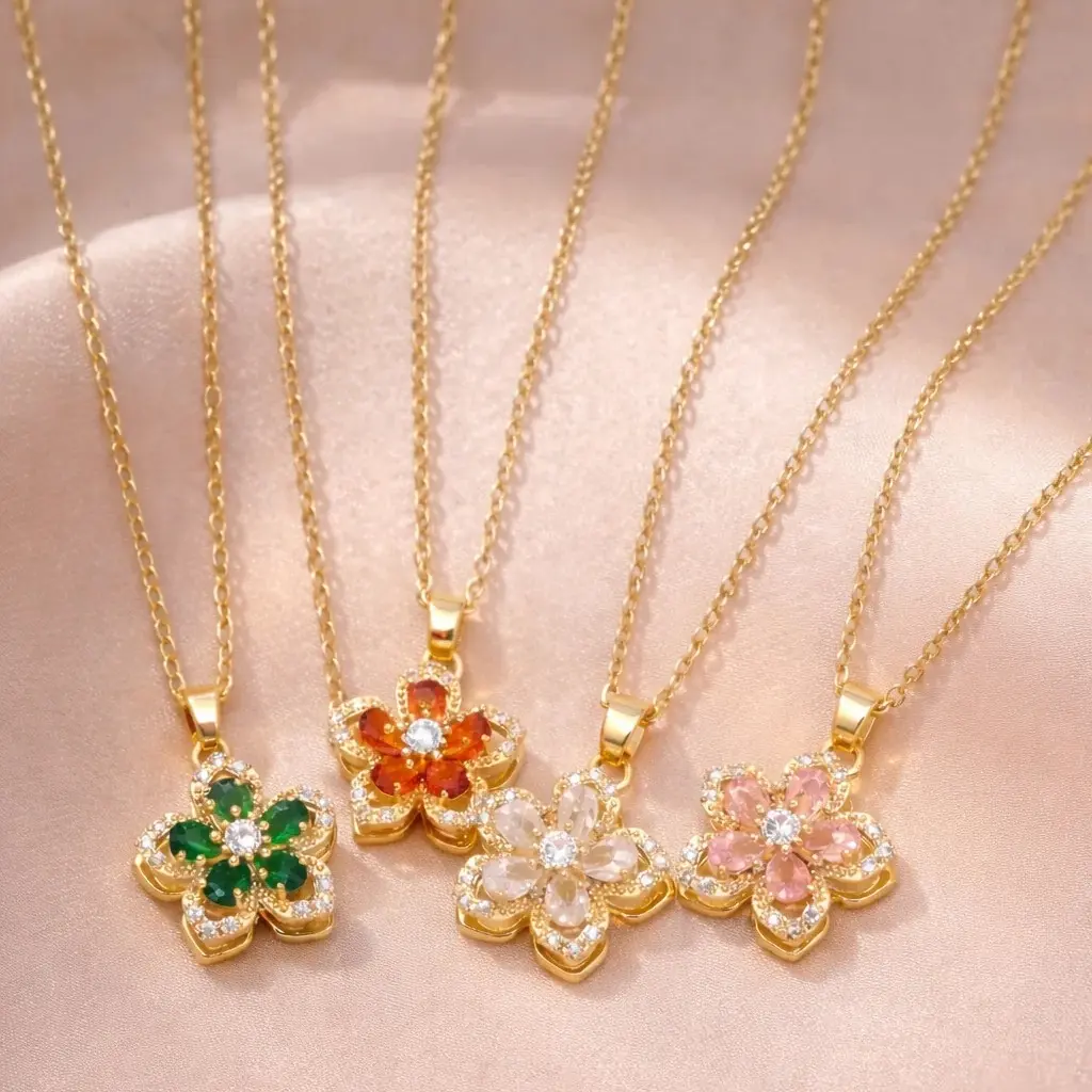 Women's Spinning Stress Relief Necklace  for Women -Trendy Rotatable Flower Charm Necklace - Rhinestone, 90S Minialism Daily & Party Jewelry