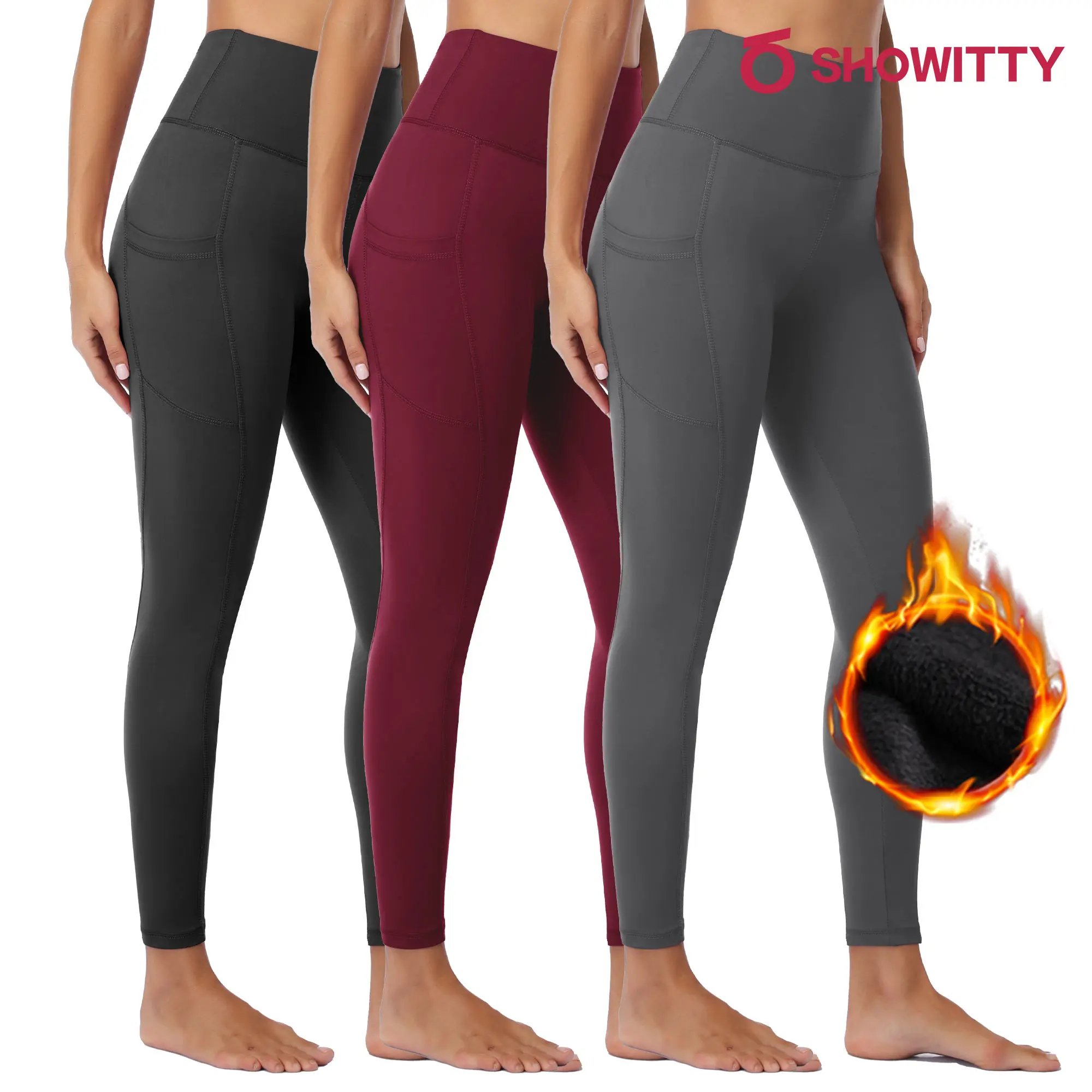 SHOWITTY Women's 3 Pack Fleece Lined Leggings with Pockets – High Waisted Thermal Warm Yoga Pants for Winter Workout & Everyday Wear