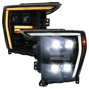 2021-2023 Ford F-150 Full LED Projector Headlights w/ Switchback LED Sequential Turn Signals DRL Parking Light Strip (Black Housing / Smoked Lens)  - Fits Models w/ Factory Halogen Headlights