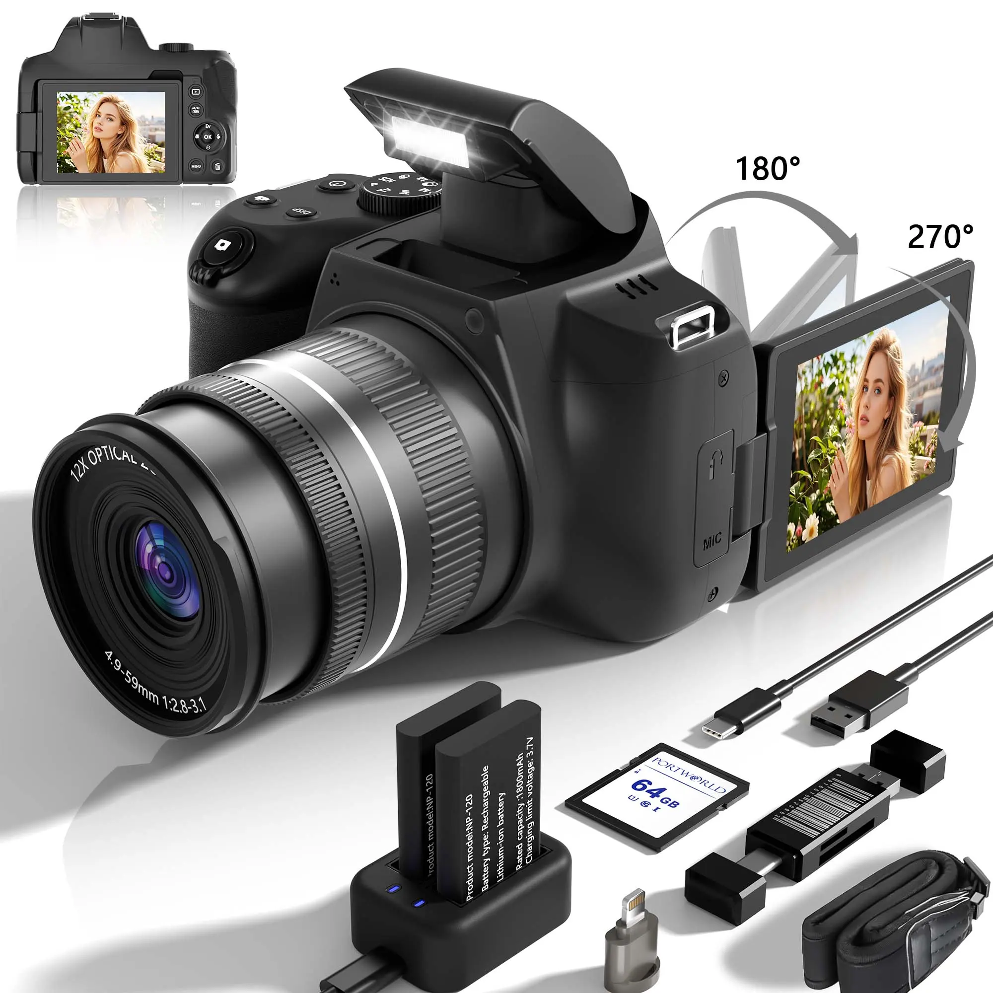 digital camera flip screen,vlogging camera with WiFi,  travel Camera , camera microphone , Dual Batteries, 64GB SD Card,Summer gift tiktokshopbacktoschool