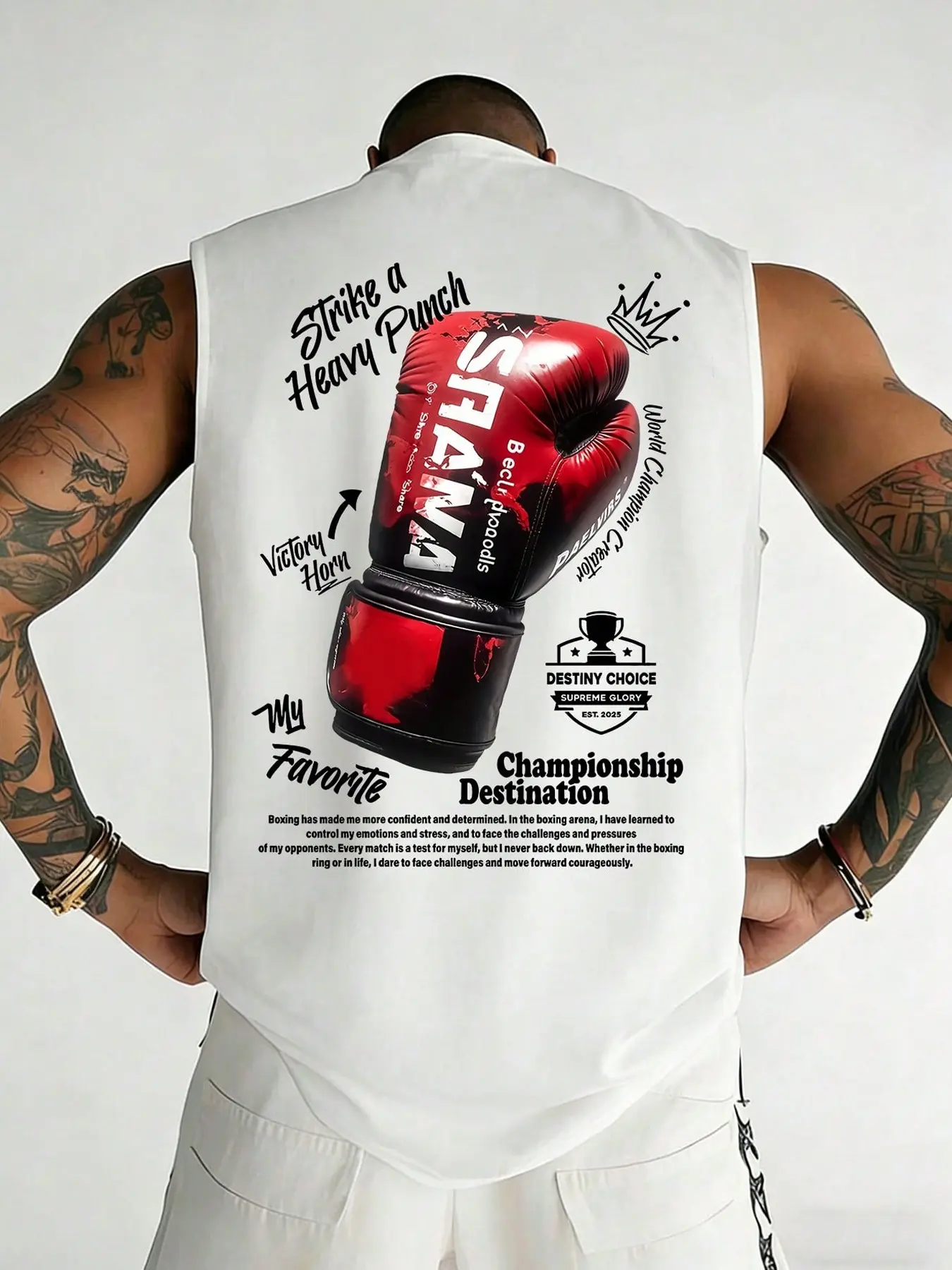 Men's Boxing Gloves Graphic Sleeveless Vest, Athletic Activewear, Athletic Top, Motivational Slogan & Curved Hem Detail, High-Quality Soft Breathable Fabric