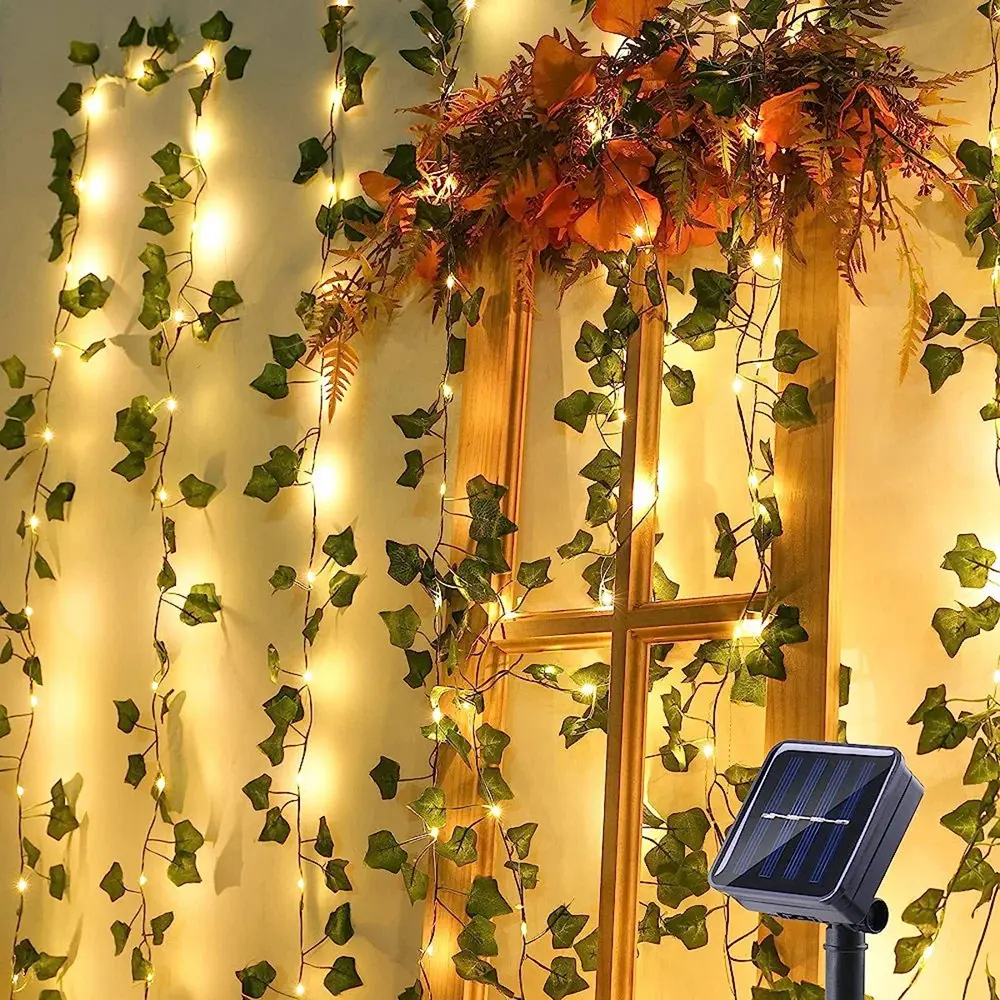 LED Solar Vine Copper Wire String Lights 2m/5m/10m, Led Lighted Fake Ivy Decorative Hanging Lights for Festivals Weddings Parties Balcony Garden, Super Bright LED, Led Decoration