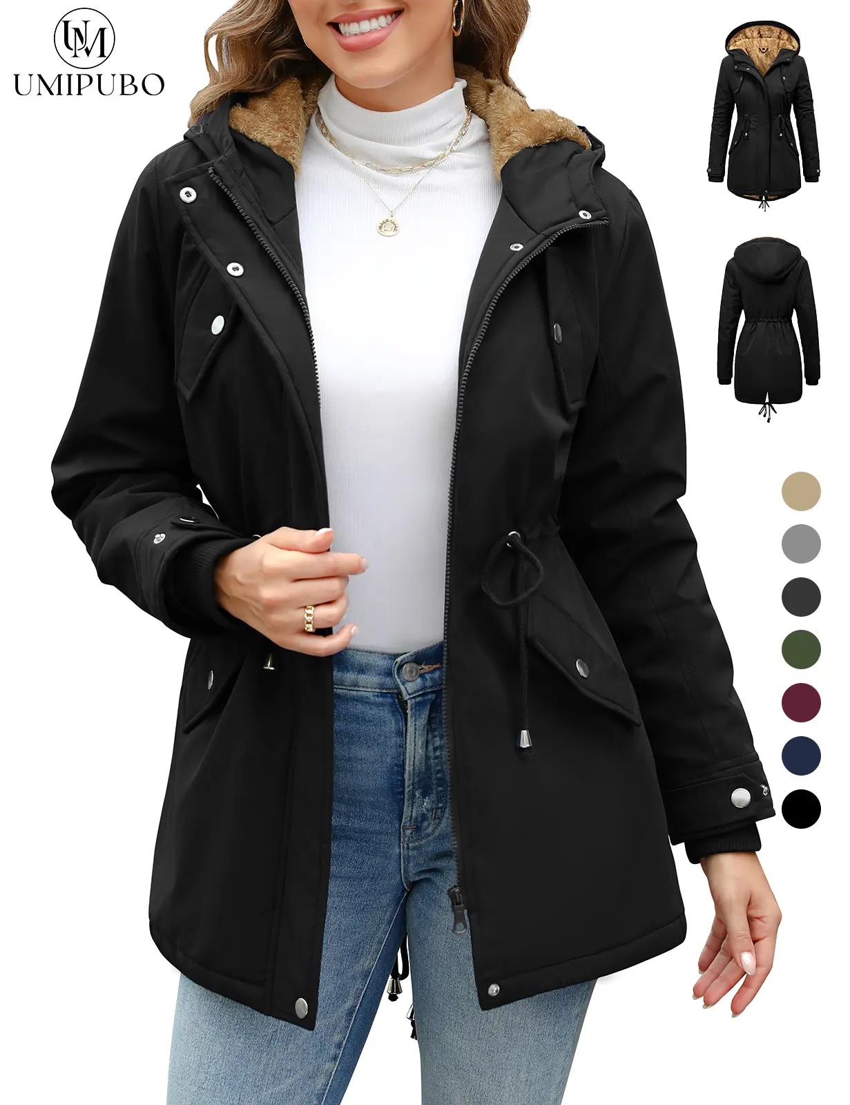 UMIPUBO Women's Lady Long Sleeve Winter Fleece Thick Water-Repellent Hooded Parka Jacket, Warm Zipper Casual Tops Outerwear with Pockets, Adjustable