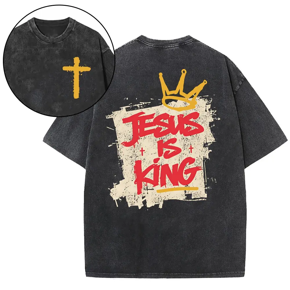 Double Sided Yellow Cross Chest Jesus Is King Graffiti Crown Vintage Acid Wash Oversized Tee | Christian Faith Unisex Casual Short Sleeve T-Shirt