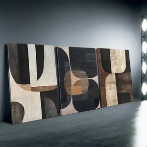 3-Piece Wood Frame Wall Art Set - Triple Panels with Beige Pebble-Style Edge, Black and White Abstract, Brown Minimalist, Neutral Texture, Glossy Waterproof Home Decor for Living Room, Kitchen