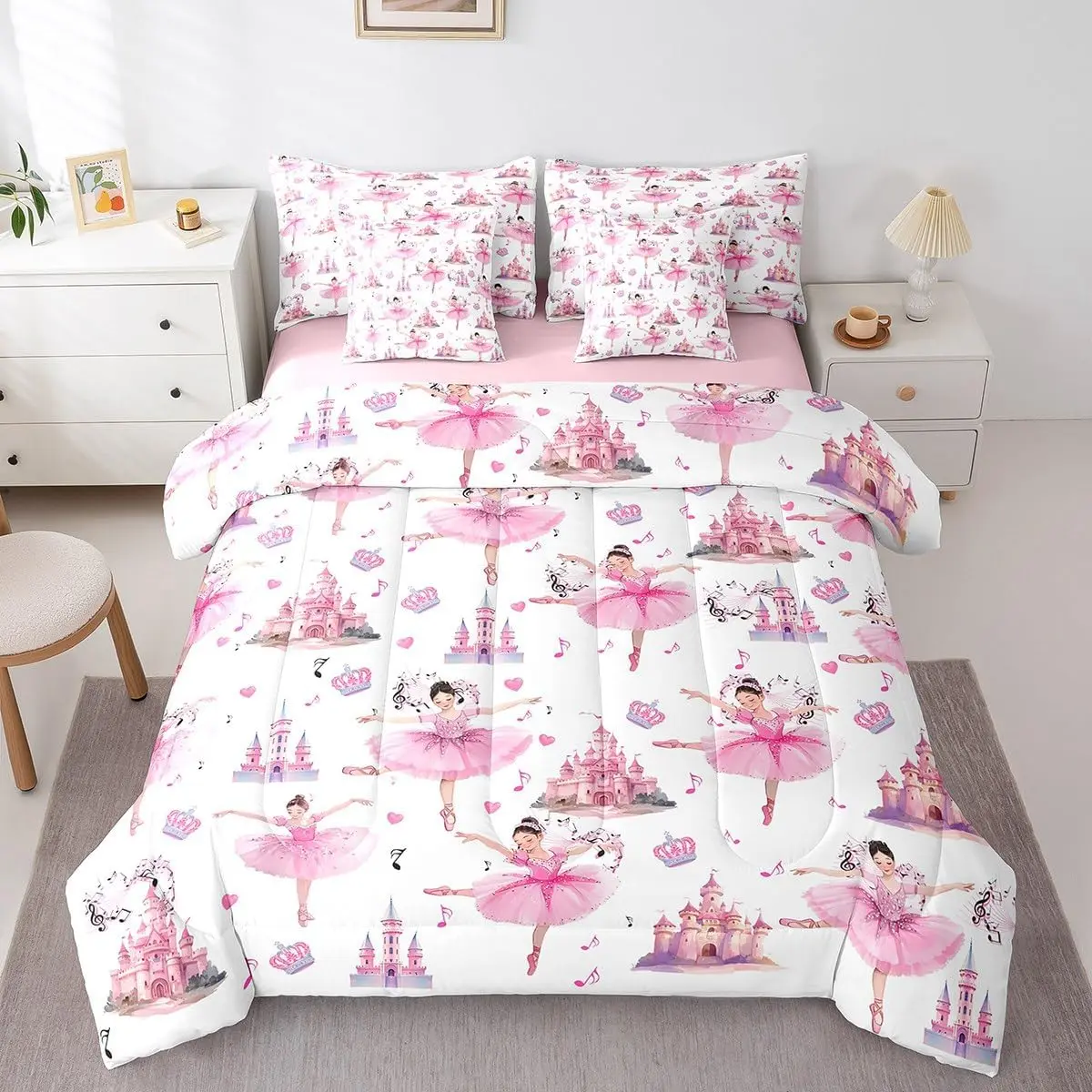 Feelyou 7-Piece Microfiber Ballerina Print Bedding Set - Multi-Size Pink Bed-in-A-Bag with Breathable Soft Blanket, Castle Music Comforter, Gentle Sheets for Princess Teens, Breathable Bed Cover, Matching Bedding