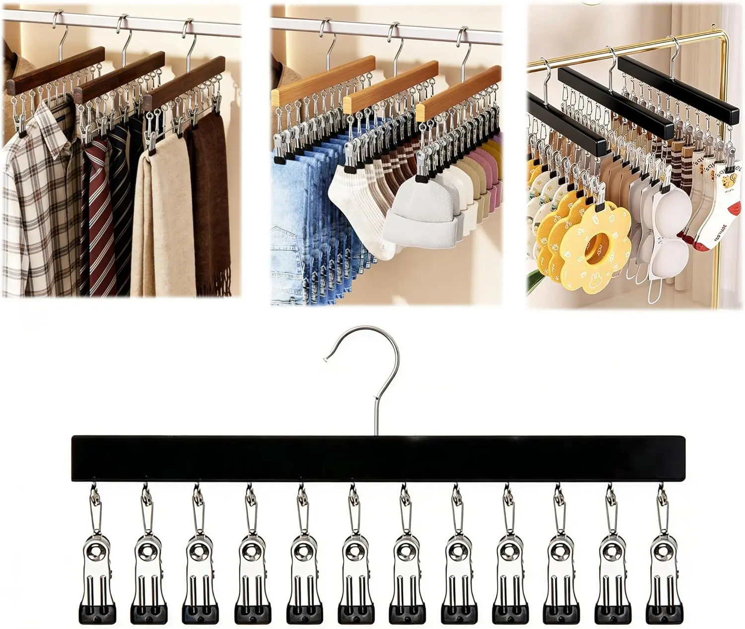 Upgraded Legging Hanger for Closet Organizer with 12 Clips, Wooden Jeans & Yoga Pants Hanger, Space Saving Non-Slip Organizer, Clothes Hanger with Clips for Bra, Belt, Sock, Hat Hanging Organization 1/2Pcs,dorm essentials,home decor