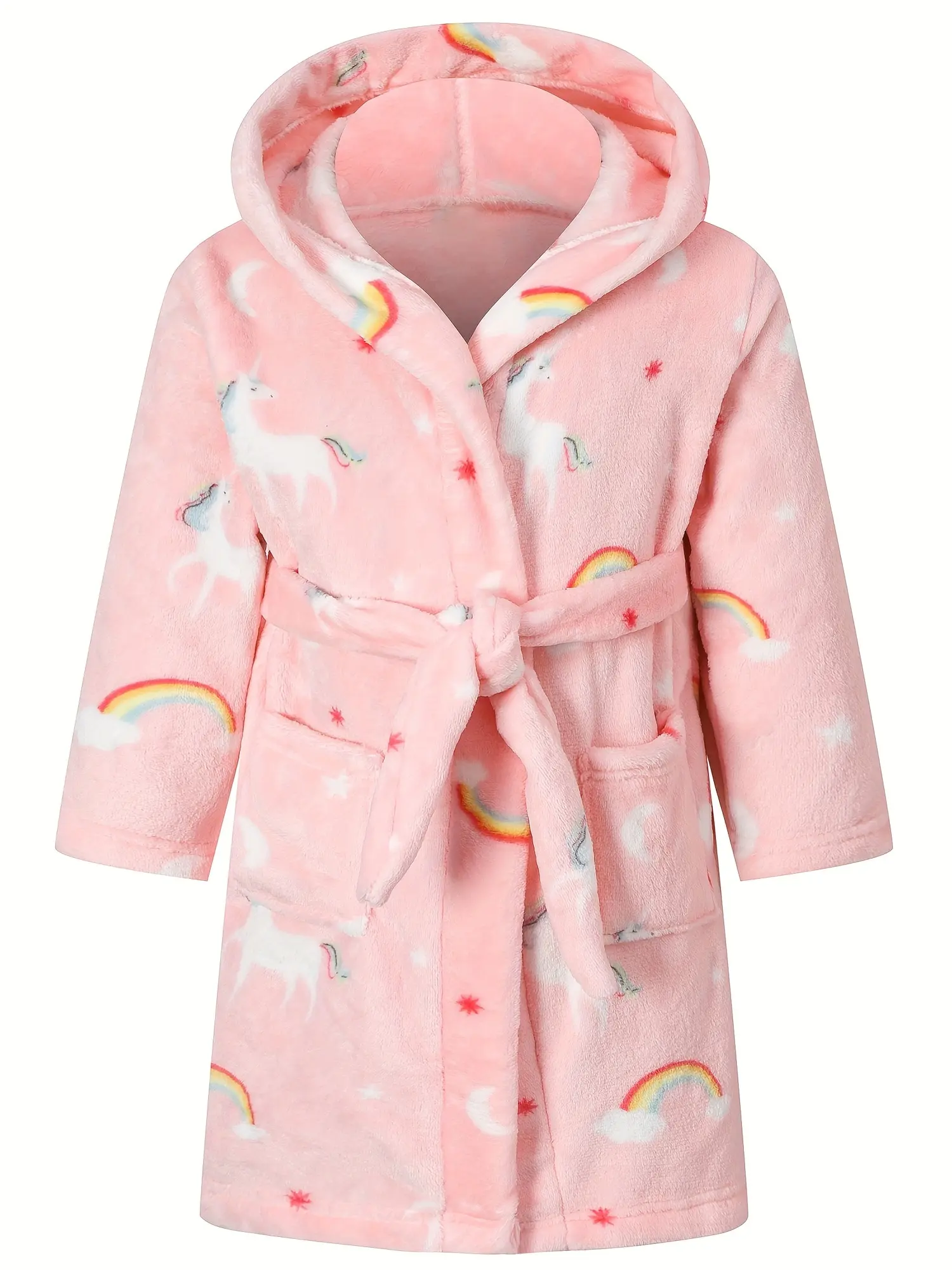 Kids Rainbow Unicorn Dressing Gown - Cute Pink Hooded Fluffy Plush Polyester Robe for Toddler Girls, Ultra-Soft All Seasons Sleepwear Loungewear with Pockets & Waist Belt, Perfect for Bath & Spa, Cozy Holiday Gift