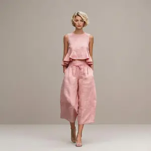 2026 Women's Linen-Blend Two-Piece Set with Ruffles and Off-Shoulder Design for Womenswear Clothes