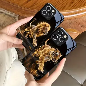 Phone Case: Luxurious Phone Case, Decorated with Glowing Tiger and Gilded Galloping Horse Patterns, with Black Frame and Tempered Glass, Suitable for iPhone 16, 15 Pro Max, 14 Plus, 13, 12, and 11 Pro Max, Preferred for Couples