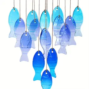 Handmade Blue Glass Fish Chimes - Large outdoor/indoor Hanging Wind Chime decoration with bright spherical fish, no electricity required for gardens, patios, beach parties, weddings and festivals (Halloween, Christmas, Easter, Valentine's Day)