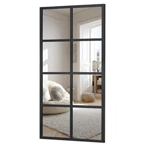 Rectangular Window Pane Decorative Wall Mirror with Black Metal Grid Frame, Modern Geometric Style Mirror for Living Room Bedroom Entryway, Stylish Home Decor Accent with Unique Grid Pattern and Sleek Black Finish