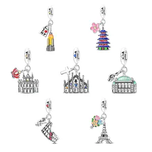 MULA S925 Silver-Plated World Landmarks Pendant Collection, Set with Zircon and Enamel - Compatible with Pandora Bracelets and Necklaces - Travel Jewelry Gifts for Women and Girls