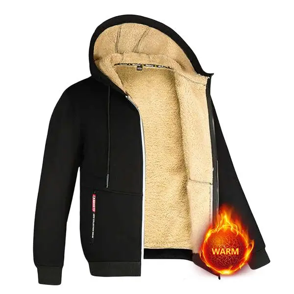 Men's Fleece Lined Hoodie Jacket - Minimalist Style Plain Longsleeves Top for Winter, Warm Casual Menswear for Commuting, Tops, Hood Blocks Cold, Garment