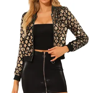 INSPIRE CHIC Sequin Long Sleeve Zipper Up Glitter Party Bomber Jacket