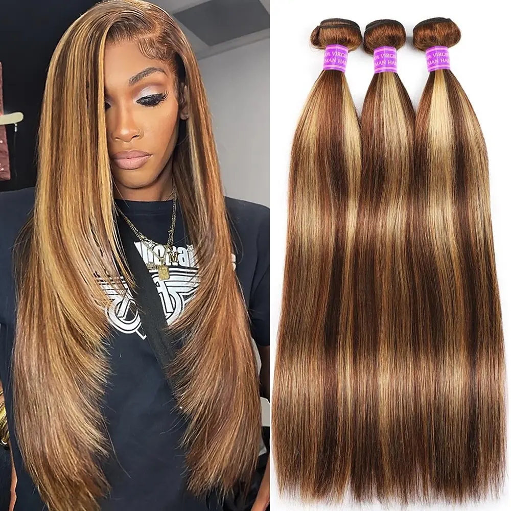 4 27 Highlight Bundles Bone Straight Human Hair Bundles Quick Weave Extensions 1 3 4 Bundles Ombre Brown Hair Bundles