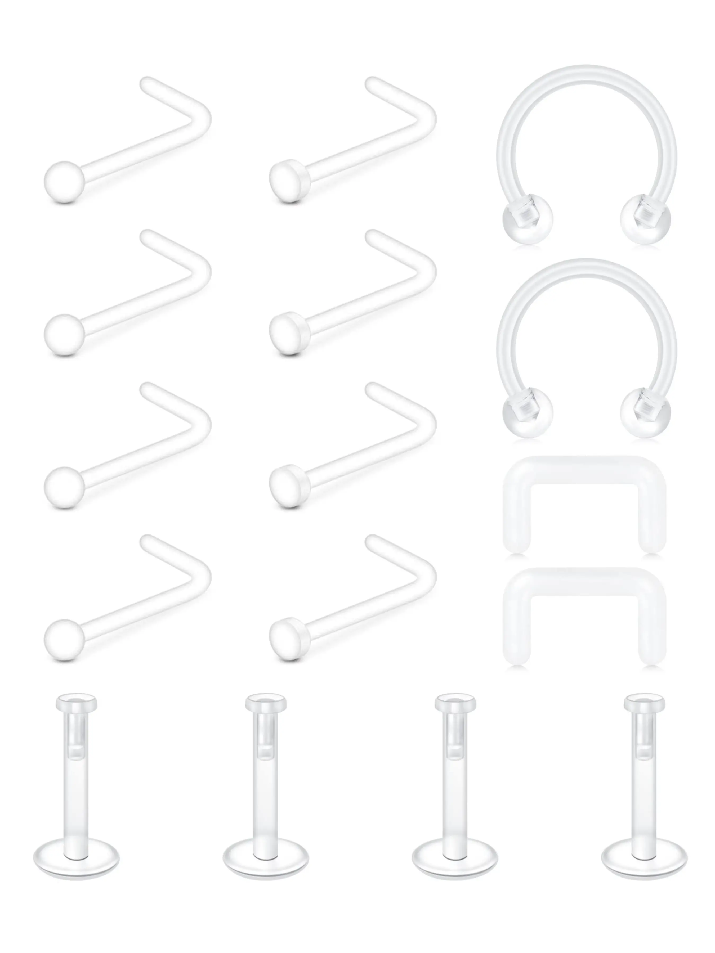 Clear Nose Rings & Studs - Plastic Nose Piercing Retainers - 16g, 20g - Clear Cartilage Earrings & Lip Piercing Retainer Nose Ring Jewelry