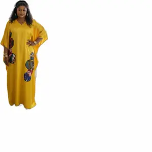 Yellow V-Neck Kaftan Dress with Colorful Patchwork Design for Women