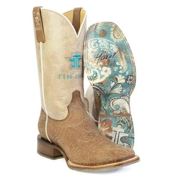 Women's Tin Haul Scrollwork Boots with Floral Sole Handmade Brown