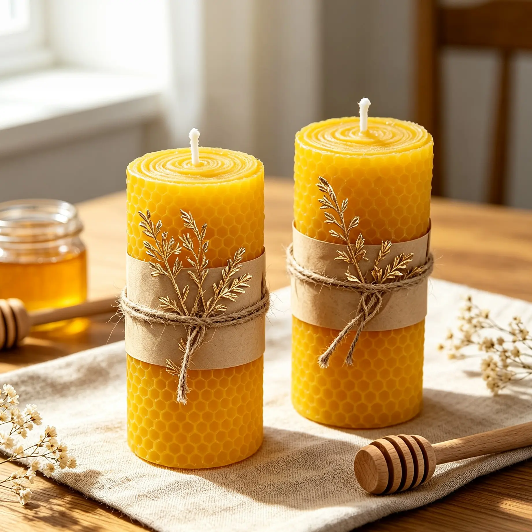 2-pack handmade beeswax, pillar candle set, 5x10cm solid yellow candles, decorated with tied gold leaves, natural honey scent, burns cleanly, perfect as table home decor for parties, ceremonies, and gifts, Halloween and Christmas holiday gifts