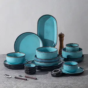 4/16/24 piece ceramic tableware set, kiln turned sea blue, suitable for serving dishes etc., suitable for home kitchens, Western restaurants, high-end hotels, Dinnerware Sets, Dinnerware service set