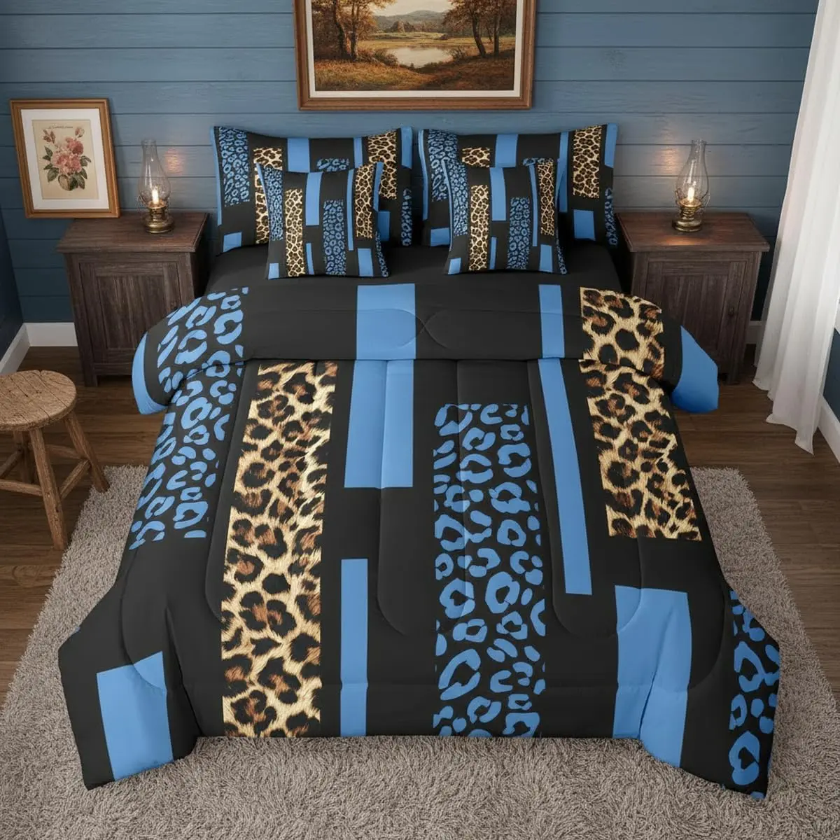 Cheetah Print Bed in A Bag 7 Pcs Blue Brown Striped Leopard Comforter Set Boy Abstract Animal Skin Texture Bedding Sets Modern Geometric Leopard Art Sheet Set with Comforter