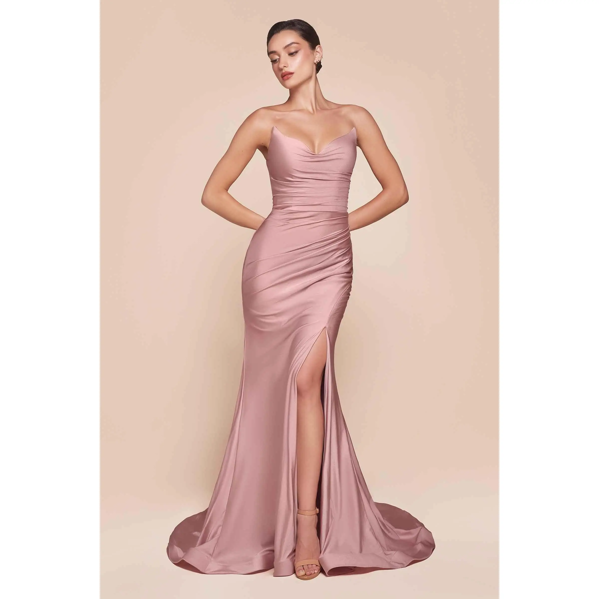 CLEARANCE - Ladivine CD791 Dress Strapless Stretch Satin Fitted Dusty Rose Gown (Size 8)