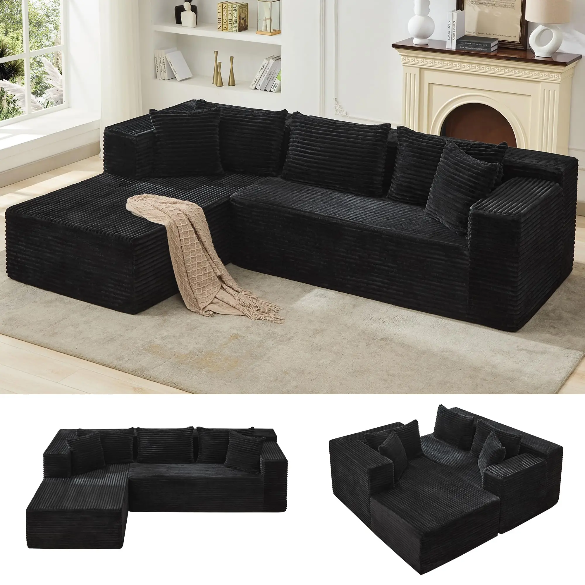 GAOMON Modular Upholstered Soft Corduroy Sofa Couch - 106" Fluffy L-Shaped Oversized Sleeper with Deep Sponge Seat, No Assembly Required for Living Room, Roommates, Upholstered Soft Couch