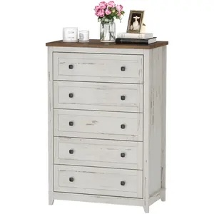 Lifewit Farmhouse 5 Drawers Dresser for Bedroom, Rustic White