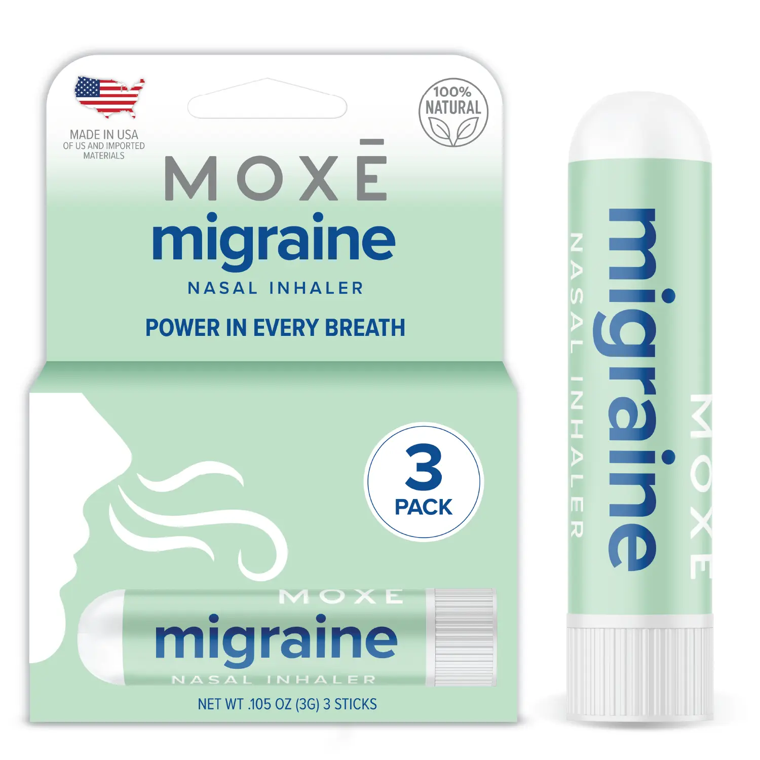 MOXE Migraine Relief Nasal Inhalers, Essential Oils for Headaches & Tension Relief, Portable Aromatherapy, Easy-to-Use, Pure & Undiluted, Peppermint, Spearmint, Eucalyptus, Tea Tree, USA Made
