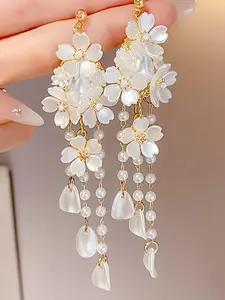 Faux Pearl Decorated Flower Design Dangle Earrings, Elegant Long Tassel Drop Earrings for Women, Trendy All-match & Exquisite Jewelry for Birthday Gift, Fashion Earrings, Classic Style Earrings, Fashionable Jewelry Accessories