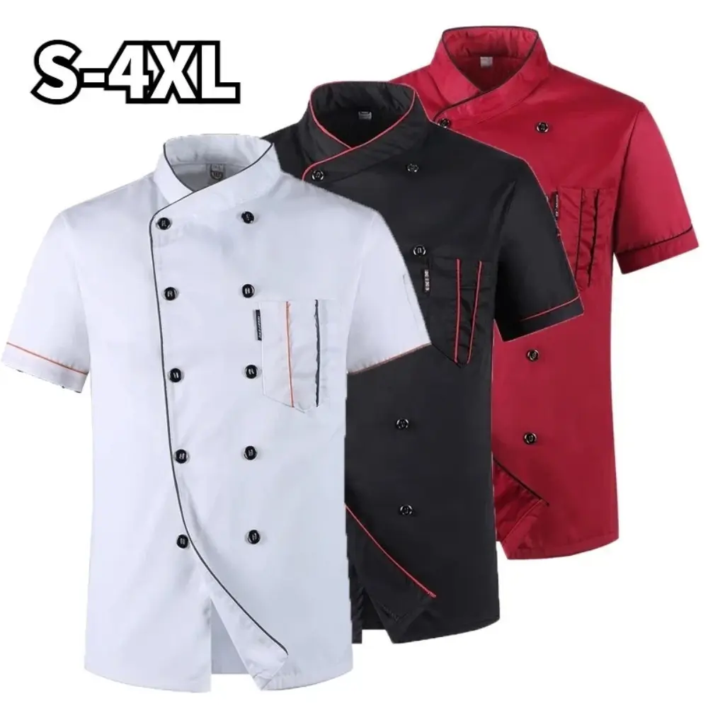 Men's Short-Sleeve Chef Jacket, Double-Breasted Cotton-Polyester Work Uniform - Formal Attire for Chefs and Baristas, Plus Sizes Available, Menswear