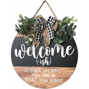 Welcome Door Sign Rustic Home Decor for Front Door Porch Decor Farmhouse Wreath Wall Decor with Eucalyptus Wreath & Buffalo Bow Seasonal Wooden Front Door Wreaths for Home Wall Decor