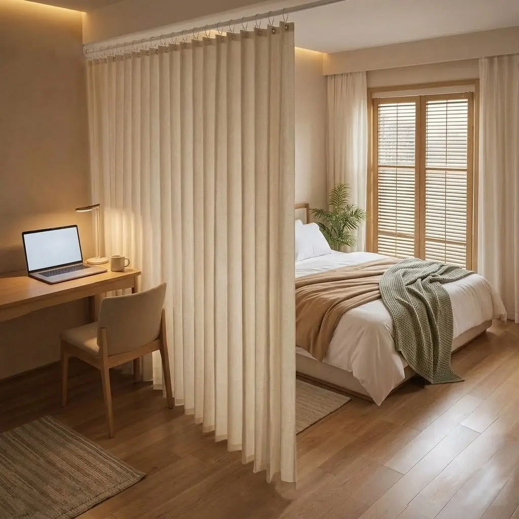 No-Drill Easy-to-Install Foldable Room Divider Curtain with Hooks, Semi-Sheer Privacy Partition for Studio Apartment & Bedroom, Renter-Friendly Curtain Divider for Small Spaces