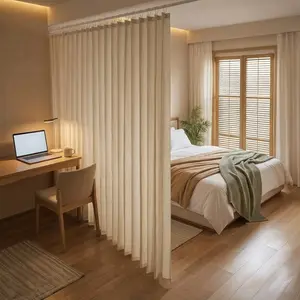 No-Drill Foldable Room Divider Curtain with Hooks, Semi-Sheer Privacy Partition for Studio Apartment & Bedroom, Renter-Friendly Curtain Divider for Small Spaces