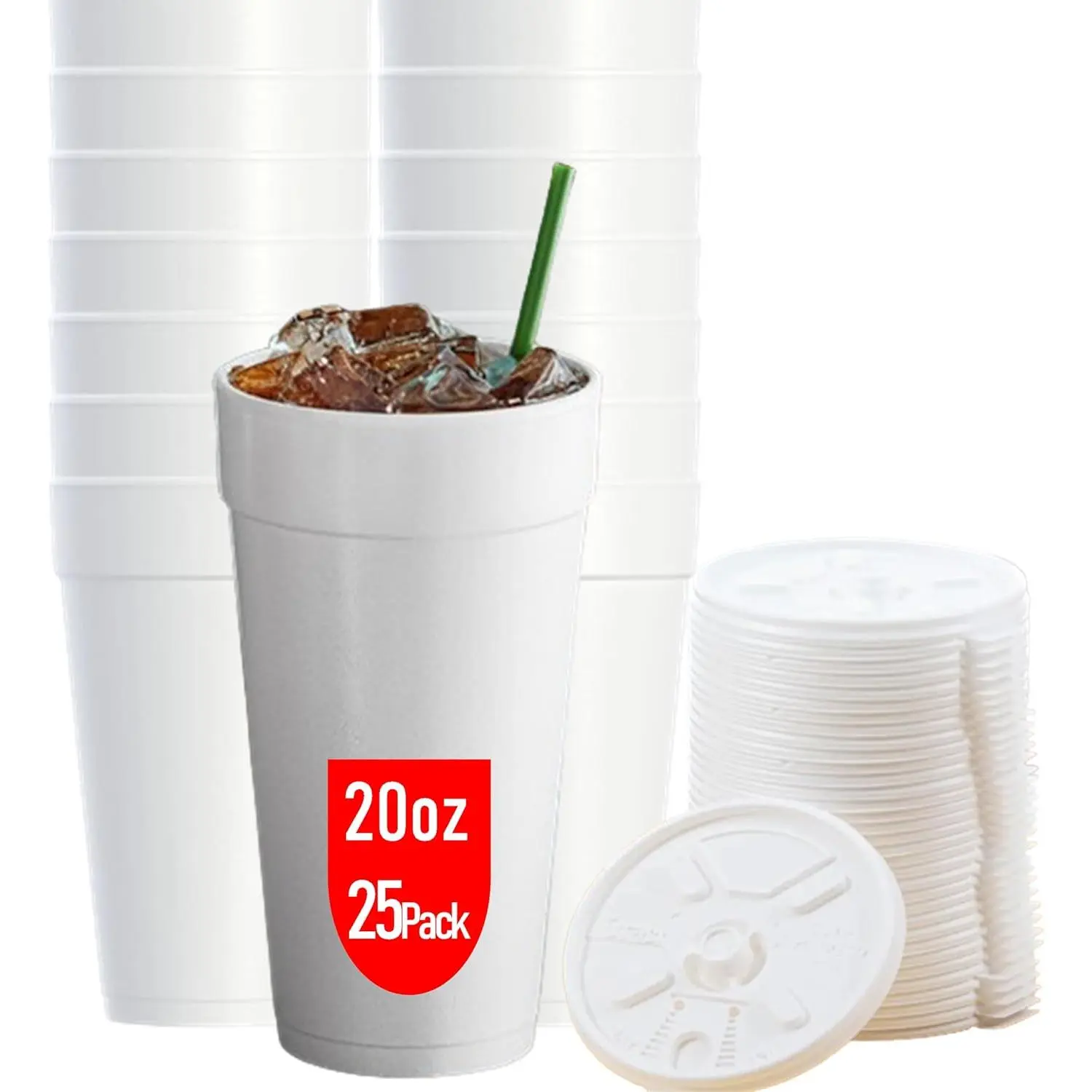 20 OZ  Cups With Lids for Hot & Cold Drinks, -Made 25-Pack. Ideal Styrofoam Coffee Cups, Insulating To-Go Cups for Soda, , Juice - Sturdy, Disposable & comparable to Industry standard 20J20