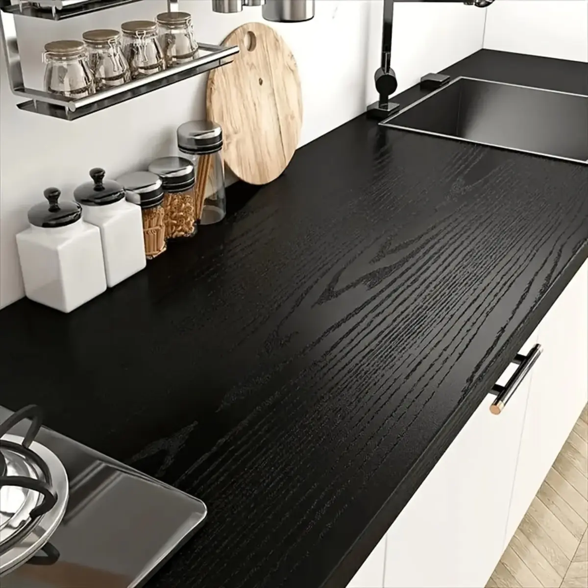 Black Peel-and-Stick Thickened Wood Grain Wallpaper, Easy-to-Attach Light Flexible Vinyl Film, Thick Waterproof Oil-Proof Heat-Resistant Home Decor Sticker for Furniture Renovation (Table, Cabinet)