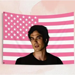 Damon Salvatore The Vampire Diaries Fan Art Pink USA Flag 3x5ft Outdoor Fabric Decor - TVD Merchandise for Home, Patio, Garden