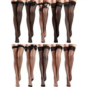 10 Pairs Silk Fishnet Thigh High Stockings Women Lace Top Sheer over Knee Stocking for Halloween